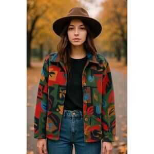 Blair Fleece Barn Jacket Cardigan Patchwork Autumn Cabincore Sz M Multicolor Vtg